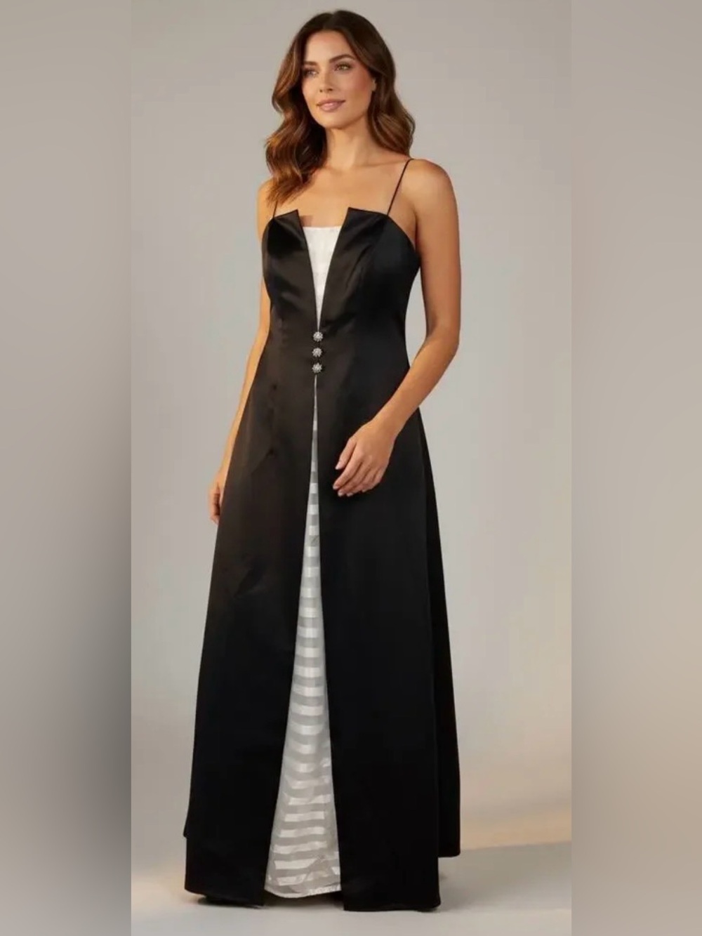 Cachet Vtg Tuxedo Black Tie Formal Dress 12 Black White Rhinestone Y2K Prom Long
